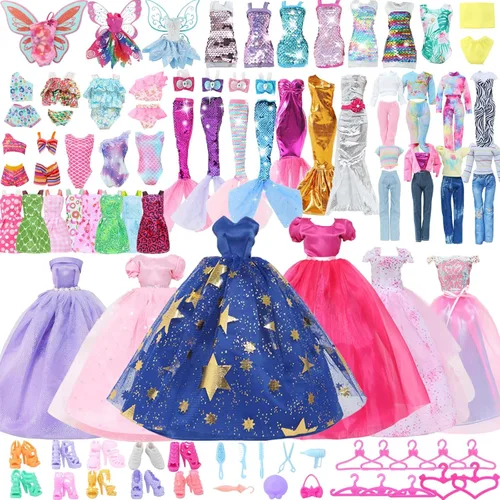 60 piezas de ropa y accesorios para muñecas, vestidos de boda, tops diarios, pantalones, trajes de baño, bikini, 10 minivestidos, faldas, perchas