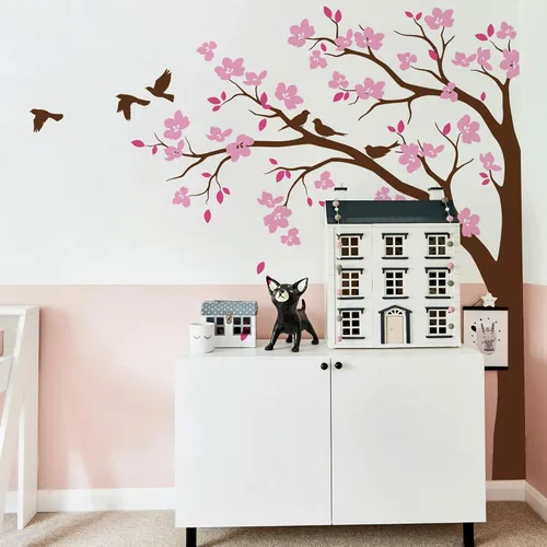 Miniatura 8 de Adhesivo decorativo para pared de árbol de esquina grande con flores grandes, pájaros y hojas para cuarto de bebé, mural 087