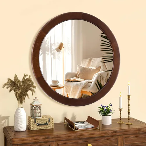 Miniatura 3 de CULER Espejo redondo de madera de 24 pulgadas, espejo circular con marco de nogal para pared, espejo de pared redondo decorativo rústico para baño