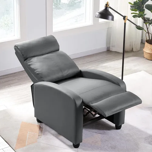 Miniatura 7 de Yaheetech Asiento de cine en casa, silla reclinable de piel sintética, moderna para sala de estar, sofá reclinable con bolsillo, color gris primavera