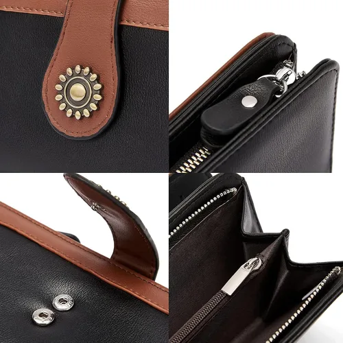 Miniatura 4 de Telena Billeteras de cuero para mujer con diseño de cartera de triple, para tarjetas de crédito, 4-Negro con Marrón, Vintage