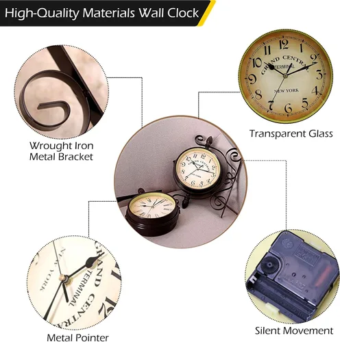 Miniatura 3 de Dyna-Living Reloj de pared de doble cara de 8 pulgadas, reloj vintage montado en la pared, rotación de 360 grados, relojes de pared antiguos, reloj