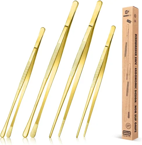 Miniatura 10 de 4 piezas de pinzas largas y finas profesionales negras, de 12'' y 10'' de acero inoxidable para cocina, alimentos, cocinar, reparación, mariscos