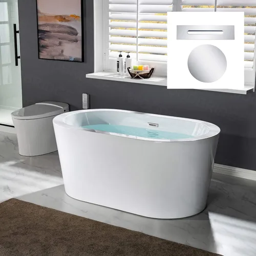 WOODBRIDGE Bañera de acrílico independiente de 56 pulgadas, bañera blanca de remojo contemporáneo con desbordamiento y drenaje cromados,