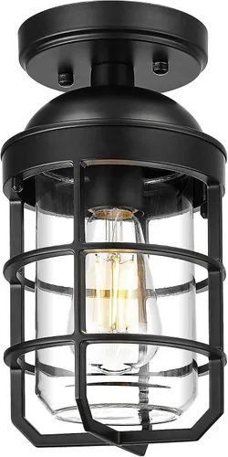 Miniatura 12 de Emliviar Lámpara de techo estilo granja, luz semiempotrada vintage para interior, luz de seguridad con vidrio templado transparente, acabado