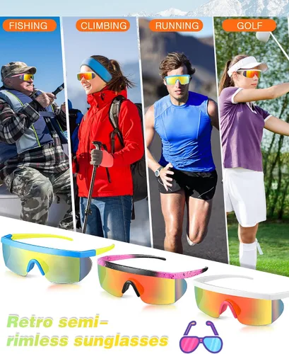 Miniatura 5 de Fabbay 3 pares de lentes de sol de neón retro espejados de los años 80 y 90 s semi sin montura de lentes de sol de colores para deportes hombres