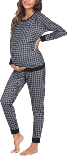 Miniatura 2 de Ekouaer Conjunto de ropa interior térmica de maternidad y lactancia, conjunto de pantalones largos de punto a rayas, capa base superior e inferior