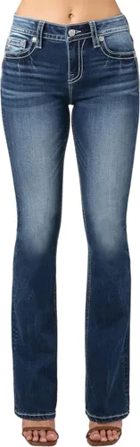 Miniatura 2 de Miss Me Jeans de tiro medio para mujer con bolsillos de solapa de imitación con plumas nativas