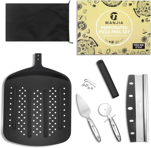 Miniatura 6 de Pala perforada de aluminio para pizza de 12 pulgadas, antiadherente, de metal, con cortador basculante, 12 x 14 pulgadas, espátula grande de acero