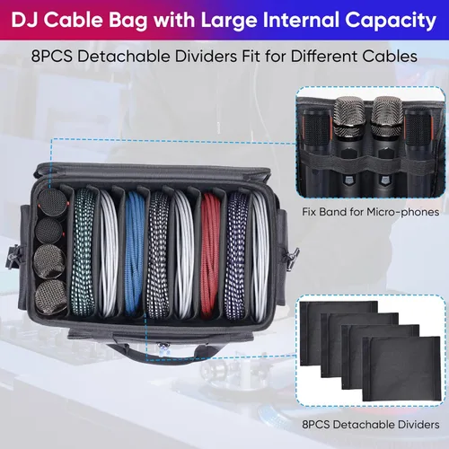 Miniatura 2 de Bolsa grande para archivos de cable de DJ con 8 divisores desmontables, bolsa de DJ acolchada con múltiples compartimentos y bolsillos para equipos