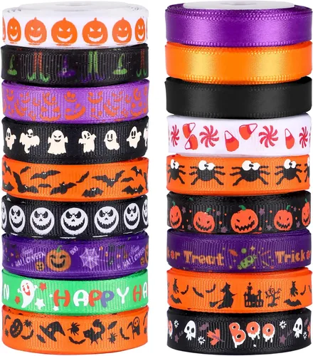 SANNIX 18 rollos de cinta de Halloween de 90 yardas, cintas de grogrén impresas de 3/8 pulgadas de ancho, tela de manualidades para decoración de
