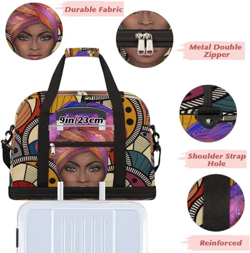 Miniatura 5 de Bolsa de viaje africana afro mujer deportiva bolsa de gimnasio para mujer y hombre, bolsa plegable impermeable para fin de semana para entrenamiento