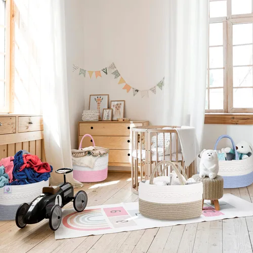 Miniatura 7 de KiddyCare Organizador de pañales tejido, canasta portátil multifuncional grande de color gris con asa, regalo de bebé para niño/niña, almacenamiento