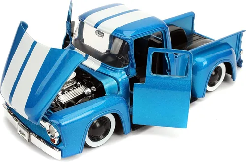 Miniatura 6 de Jada Just Trucks 1:24 1956 Ford F-100 - Coche fundido a presión con rayas azules y blancas con estante para neumáticos, juguetes para niños y adultos