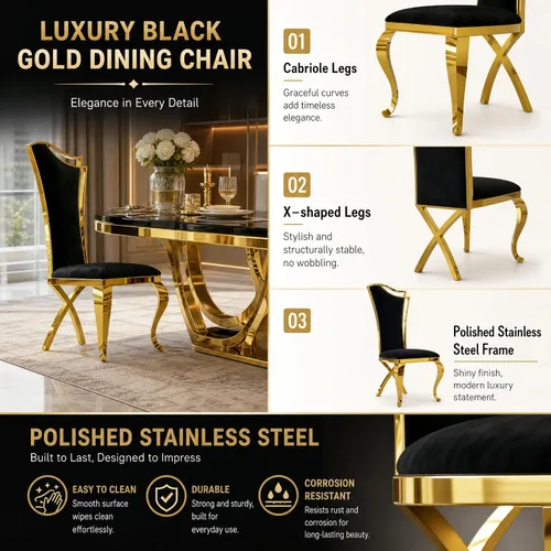 Miniatura 9 de BQueen Sillas de comedor negras y doradas, Sillas de comedor de lujo, Sillas de comedor Velevt con respaldo alto, Patas de acero inoxidable de oro
