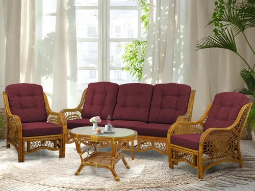Miniatura 32 de Malibu Lounge Juego de 4: 2 sillas de mimbre de ratán natural, sofá de tres plazas con cojines marrón claro y mesa de centro con vidrio hecho a