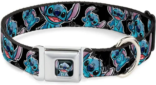 Buckle-Down Collar de perro con hebilla de cinturón de seguridad, posturas de puntada/hibisco boceto negro/gris/azul, 1 pulgada de ancho, se adapta