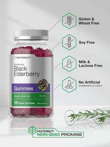 Miniatura 5 de Horbaach Gomitas de saúco negro 120 unidades Extracto de Sambucus con zinc y vitamina C Sabor a bayas Suplemento vegano, sin OMG y sin