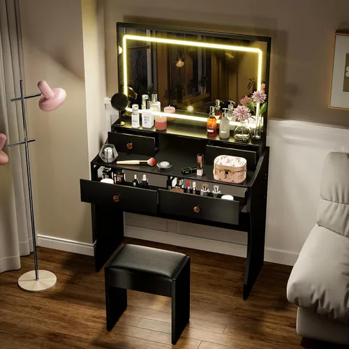 Miniatura 9 de COMHOMA Vanity Desk with LED Lights Mirror & Power Outlet, Small Makeup Vanity Table Set with 5 Storage Drawers, 3 Lighting Modes & Adjustable