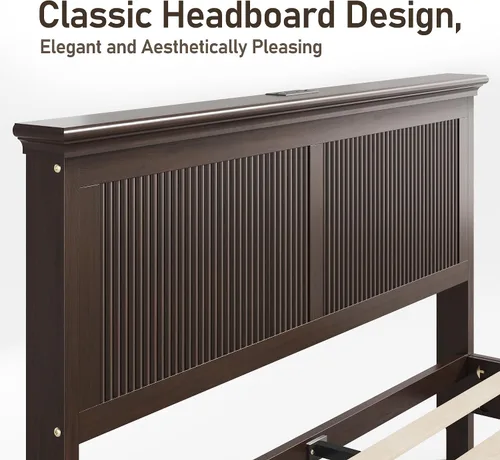 Miniatura 3 de Lifezone Cama Queen de madera, cama de madera maciza con cabecera alta, diseño vintage americano, cama Queen con estación de carga y LED RGB, Nogal