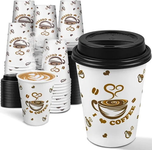 Ginkgo Tazas de café desechables con tapas, 12 onzas, paquete de 100 unidades, taza de café de papel para llevar para coco caliente, chocolate