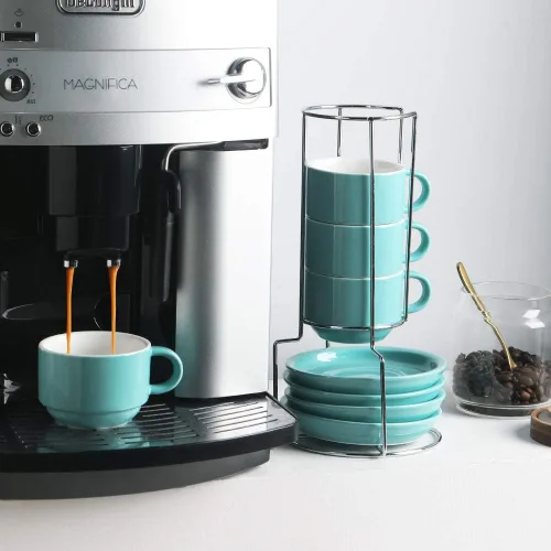 Miniatura 3 de Sweejar - Tazas de café de porcelana con platillos, tazas de capuchino apilables de 4 onzas con soporte de metal para bebidas de café, café