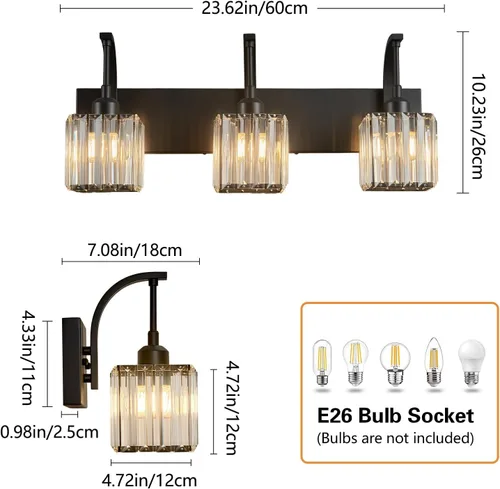 Miniatura 4 de Luces de tocador de cristal de 3 luces negras para tocador de baño, modernas lámparas de baño de cristal sobre espejo de 23.62 pulgadas de largo