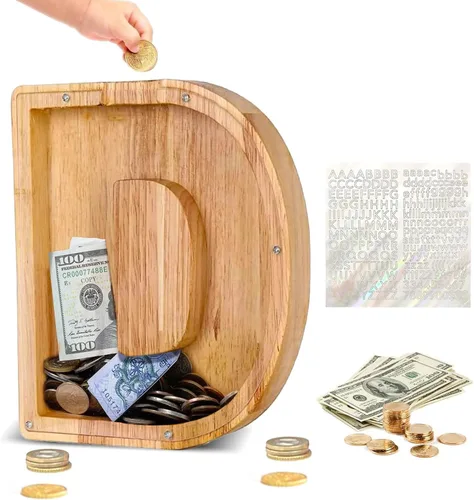 Miniatura 11 de Alcancía de Madera Personalizada con Letras del Alfabeto, Banco de Monedas con Letras del Alfabeto para Niños, Niñas y Bebés, Tamaño Grande, 26