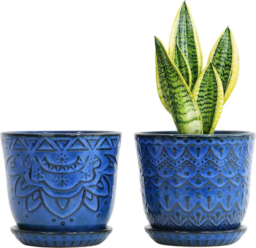 Miniatura 15 de Gepege Macetas para suculentas, maceta pequeña de cerámica para interiores de 4 pulgadas con agujeros de drenaje y platillos para plantas, color Azul