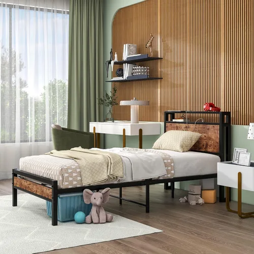 Miniatura 7 de HOJINLINERO Base de cama individual con cabecera de almacenamiento/estación de carga USB, marco de cama de plataforma individual, tamaño individual