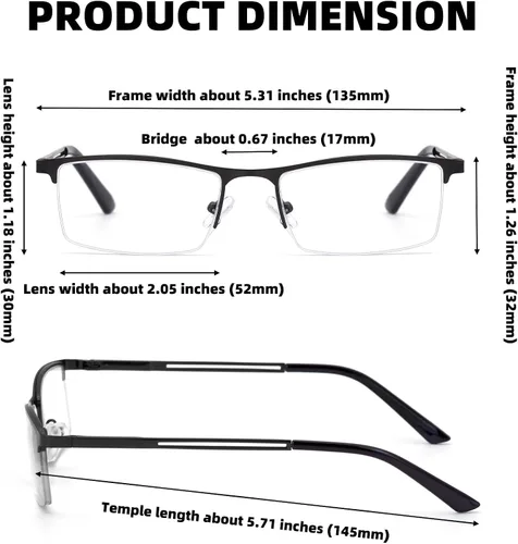 Miniatura 4 de HIGHLIKE Gafas de lectura con luz azul para hombre, lentes de lectura de medio marco de metal, bisagra de resorte, lentes transparentes con bolsas