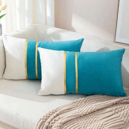Miniatura 25 de ZLINA Juego de 2 fundas de almohada decorativas de terciopelo verde aguamarina y blanco con parches y cuero dorado de 16 × 16 pulgadas, fundas