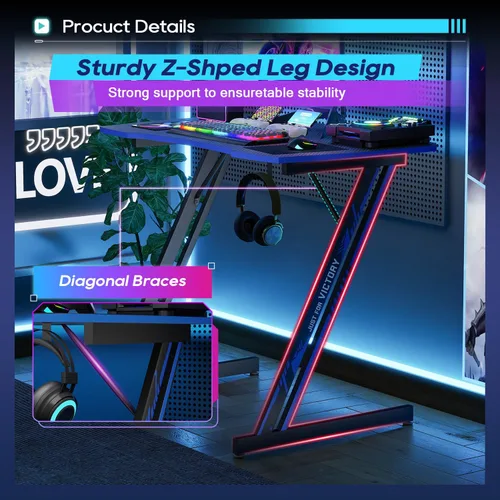 Miniatura 7 de BestOffice Escritorio para juegos de 35 pulgadas, escritorio para computadora de PC, estación de trabajo en forma de Z, mesa de trabajo ergonómica