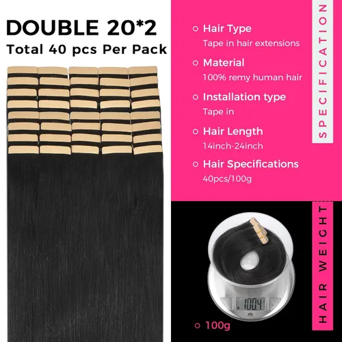 Miniatura 2 de Lashey Extensiones de cabello humano real con cinta, 3.53 oz/paquete, 40 unidades, color negro natural, lacio, de 18 pulgadas, cinta invisible