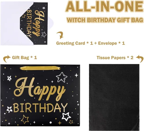Miniatura 3 de WRAPAHOLIC Bolsa de regalo de cumpleaños grande de 13 pulgadas con tarjeta y papel de seda, bolsas de papel con letras de estrella negra y feliz