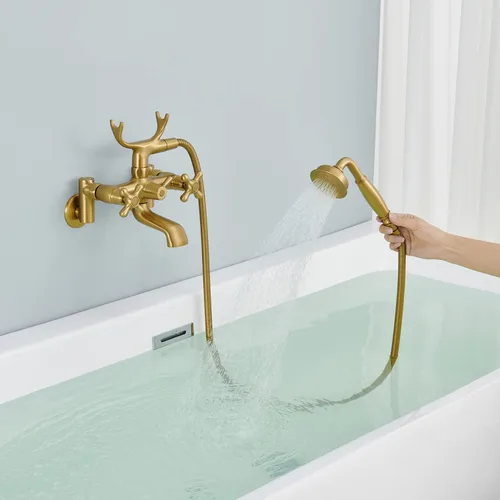Miniatura 4 de Clawfoot - Grifo de bañera de montaje en pared, grifos de bañera de oro cepillado con ducha de mano, con forma de teléfono vintage, ajustable de 3 a
