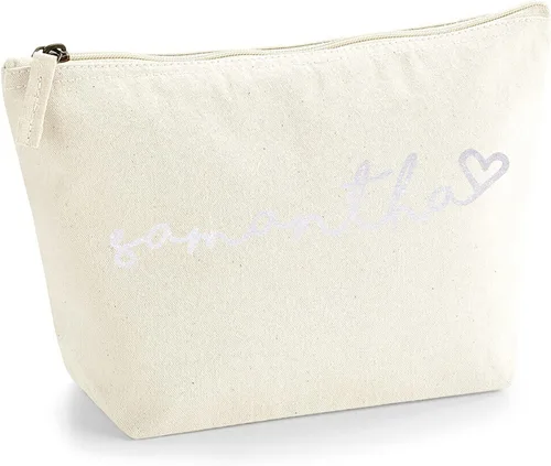 Miniatura 10 de Bolsa de accesorios de maquillaje con iniciales de nombre escritas a mano personalizadas en color negro con purpurina o textura de flocado