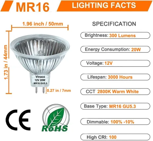 Miniatura 4 de Vinaco Paquete de 6 bombillas MR16 halógenas 20W 12V, 2800K blanco cálido, regulable, base GU5.3, 300 lúmenes, vida útil de 3000 horas