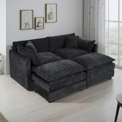 Miniatura 8 de Setawix Sofá Profundo de 3 Plazas con Otomana, Sofás de Nube en Forma de L de 112.2" para Sala de Estar, Sofá de Nube de Chenilla con Asiento Café