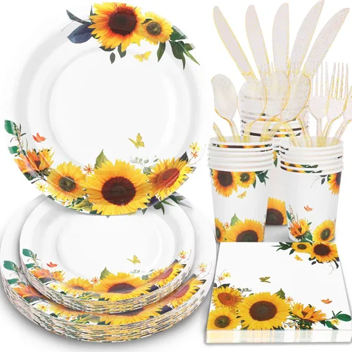 Decoraciones de fiesta de girasoles: 168 platos de girasol y servilletas, suministros de fiesta, platos de papel amarillo con purpurina dorada para