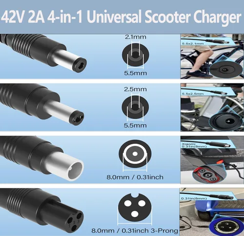 Miniatura 3 de Cargador de 42 V 2 A con 4 puntas (5.5 x 2.1/5.5 x 2.5/0.315 in, 3 clavijas/RCA) compatible con Hiboy, Gotrax, Swagtron universal para batería