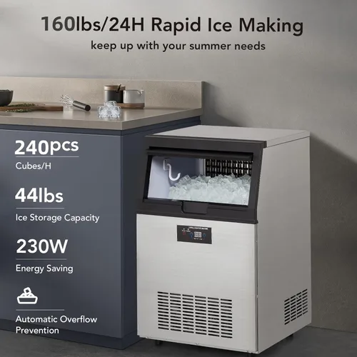 Miniatura 2 de Towallmark Máquina de hielo comercial, crea 160 libras en 24 horas, máquina de hielo comercial con capacidad de almacenamiento de hielo de 44