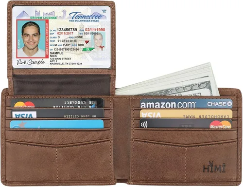 Miniatura 4 de Cartera de piel auténtica para hombre con bloqueo RFID billetera elegante con 2 ventanas de identificación