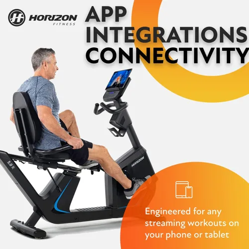 Miniatura 3 de Bicicleta reclinada Horizon Fitness 5.0R, para fitness y cardio, bicicleta de ciclismo con resistencia magnética y Bluetooth, asiento cómodo