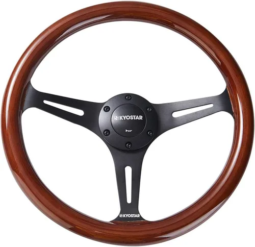 Miniatura 2 de Volante universal Kyostar de 14 pulgadas, estilo clásico Grant Nostalgia, grano de madera, negro, con botón de bocina