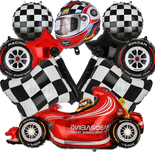 Globos de coche de carreras, globos de neumáticos, bandera a cuadros, globos para casco, dos globos de carreras rápidas y rápidas, decoración de