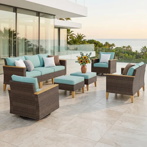 Miniatura 35 de PHI VILLA Otomana de mimbre para patio, 2 piezas, asiento otomano de mimbre para todo tipo de clima, reposapiés para exteriores con cojines