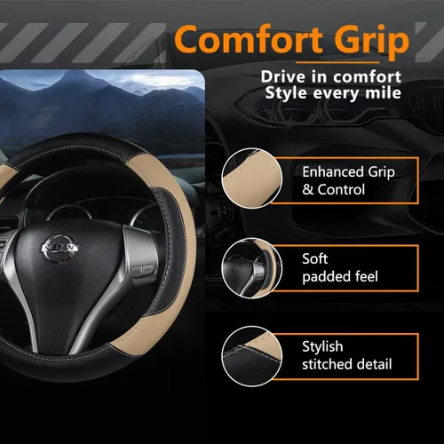 Miniatura 2 de Funda de cuero para volante de auto, protector antideslizante para volante de auto de cuero de microfibra transpirable, ajuste universal