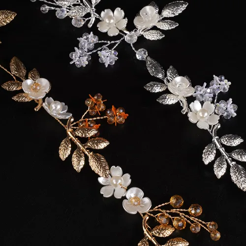 Miniatura 10 de Aimimier Diadema bohemia con hojas de flores y perlas de cristal para mujeres y niñas, 1 recuento (paquete de 1), Metal Cristal