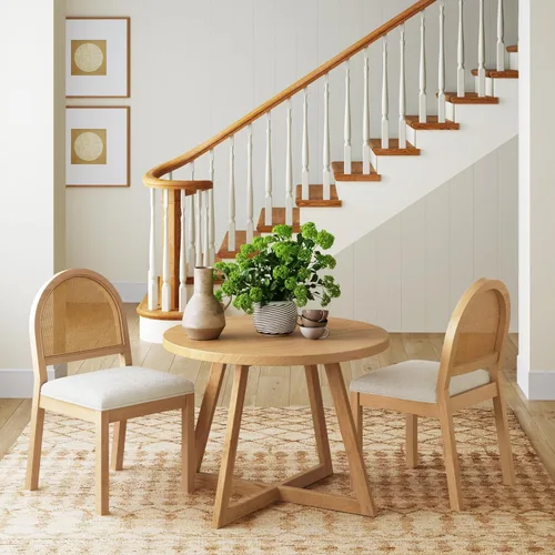 Miniatura 3 de Nathan James Bailey - Silla de comedor Boucle de 19 pulgadas, silla lateral tapizada con respaldo de ratán tejido natural y patas de madera maciza